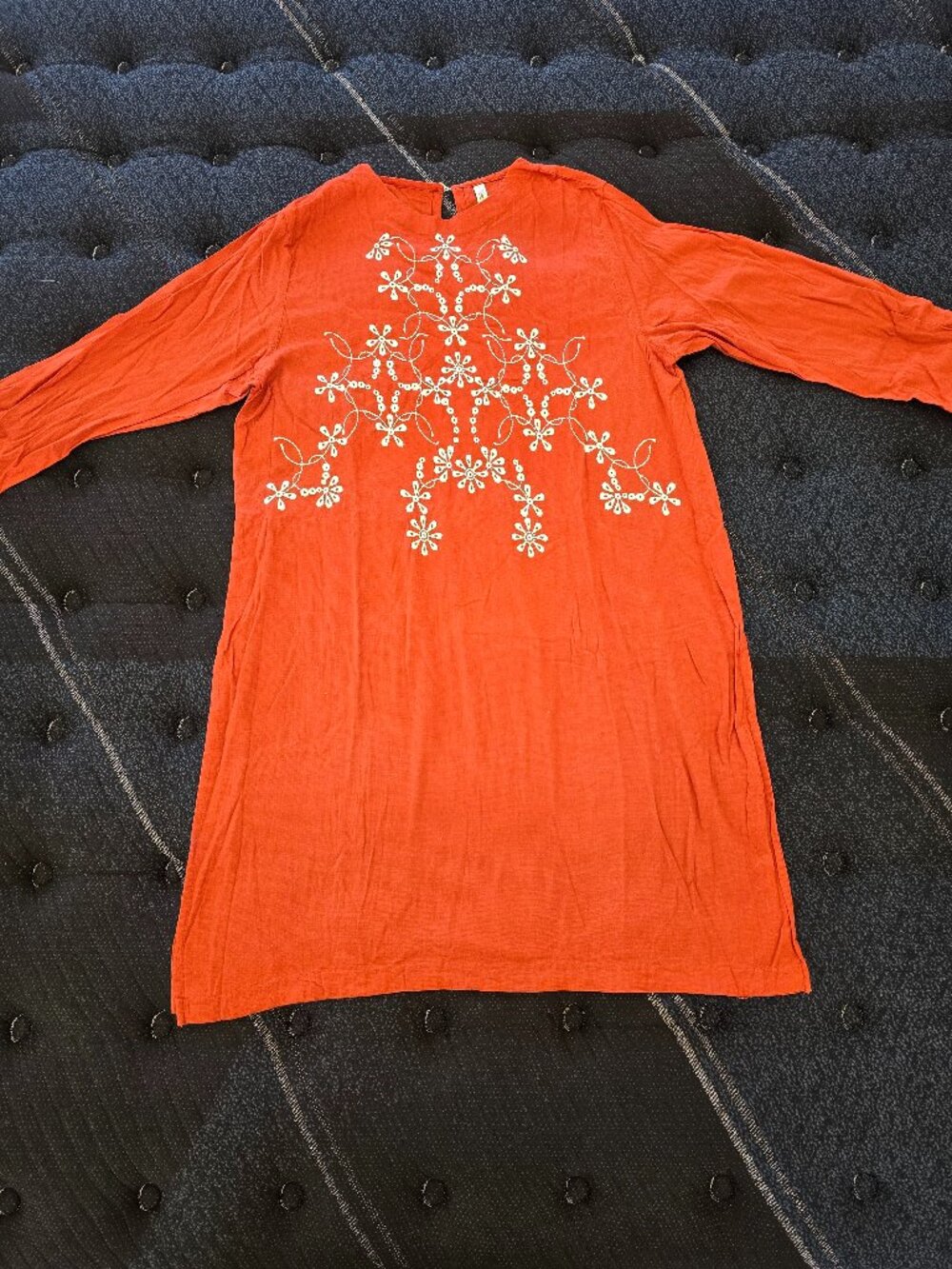 Ethnic Outfitters Women's Embroidered Orange Tunic Long Dress W Side Slit -Large